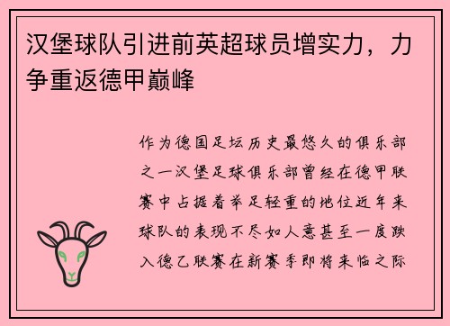 汉堡球队引进前英超球员增实力，力争重返德甲巅峰