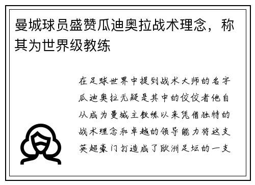 曼城球员盛赞瓜迪奥拉战术理念，称其为世界级教练