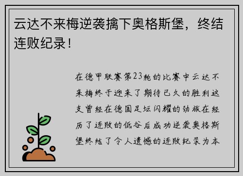 云达不来梅逆袭擒下奥格斯堡，终结连败纪录！