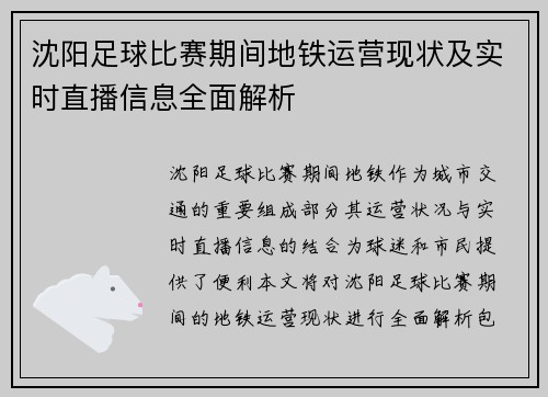 沈阳足球比赛期间地铁运营现状及实时直播信息全面解析